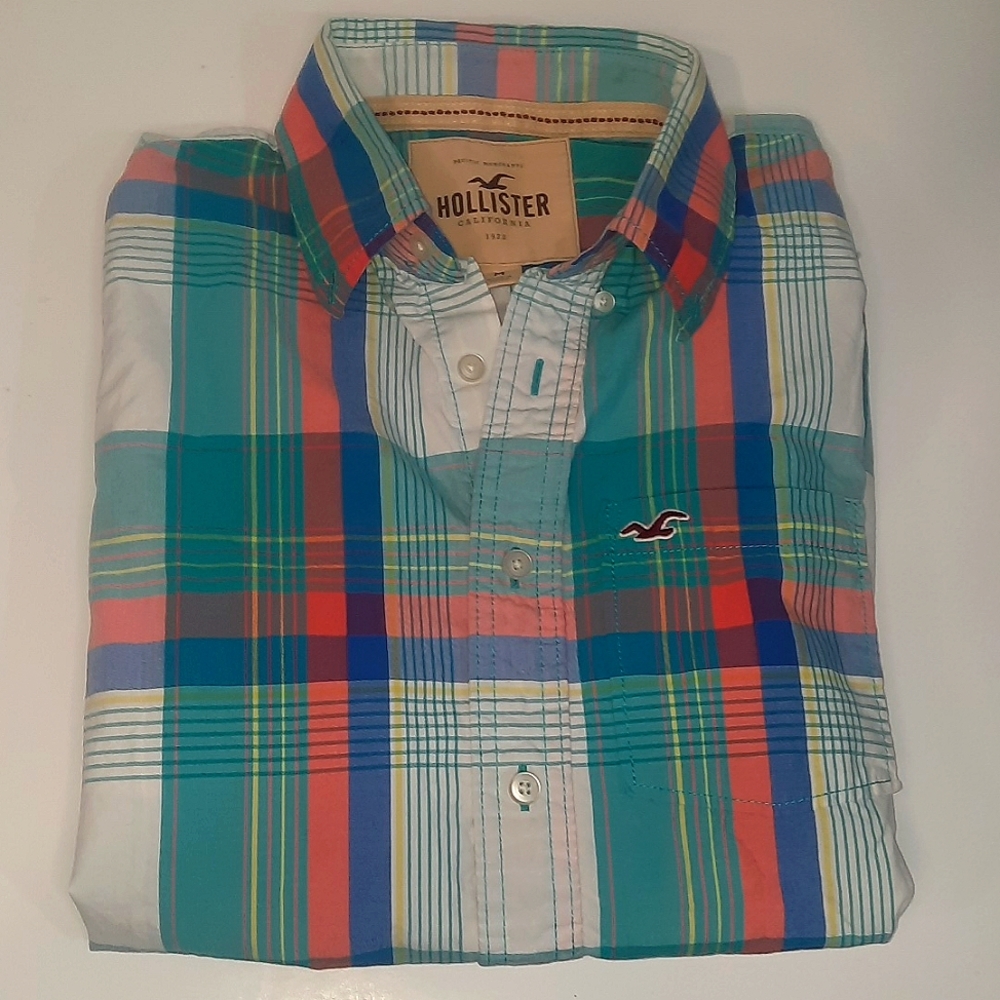 Mens medium teal, orange, white and orange Hollister long sleeve button down.
